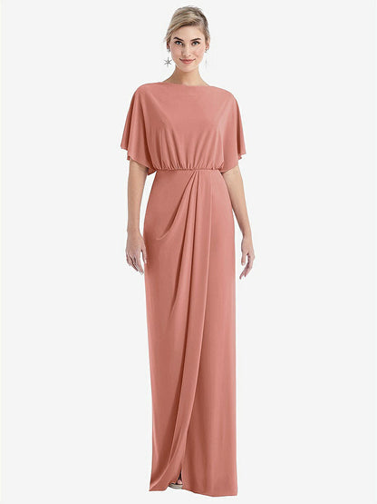【STYLE: TH045】Open-Back Three-Quarter Sleeve Draped Tulip Skirt Maxi Dress【COLOR: Desert Rose】