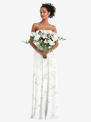 【NEW】【STYLE: TH046】オフショルダー フリル カフ 袖 シフォン マキシ ドレス【COLOR: Bleu Garden】【SIZE: 00-30W】