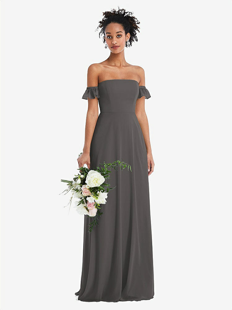 【STYLE: TH046】Off-the-Shoulder Ruffle Cuff Sleeve Chiffon Maxi Dress【COLOR: Caviar Gray】