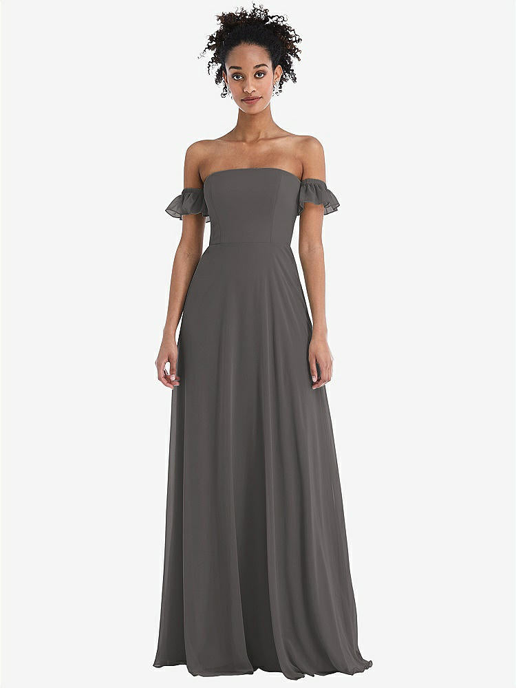 【STYLE: TH046】Off-the-Shoulder Ruffle Cuff Sleeve Chiffon Maxi Dress【COLOR: Caviar Gray】