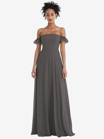 【STYLE: TH046】Off-the-Shoulder Ruffle Cuff Sleeve Chiffon Maxi Dress【COLOR: Caviar Gray】