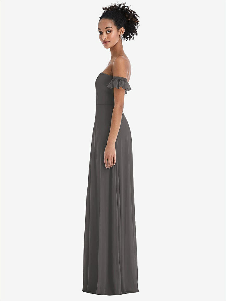 【STYLE: TH046】Off-the-Shoulder Ruffle Cuff Sleeve Chiffon Maxi Dress【COLOR: Caviar Gray】