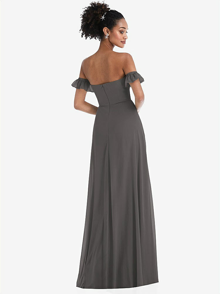 【STYLE: TH046】Off-the-Shoulder Ruffle Cuff Sleeve Chiffon Maxi Dress【COLOR: Caviar Gray】