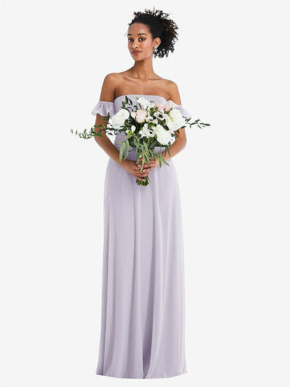 【STYLE: TH046】Off-the-Shoulder Ruffle Cuff Sleeve Chiffon Maxi Dress【COLOR: Moondance】