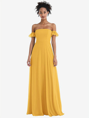 【NEW】【STYLE: TH046】オフショルダー フリル カフ 袖 シフォン マキシ ドレス【COLOR: NYC Yellow】【SIZE: 00-30W】