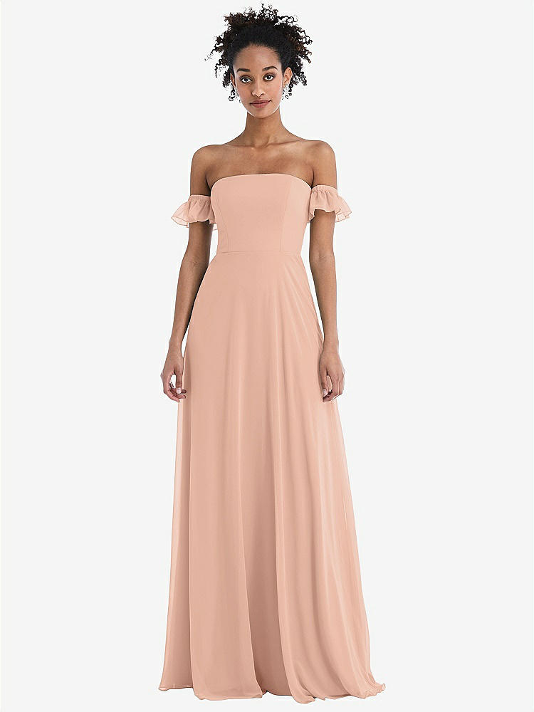 【STYLE: TH046】Off-the-Shoulder Ruffle Cuff Sleeve Chiffon Maxi Dress【COLOR: Pale Peach】