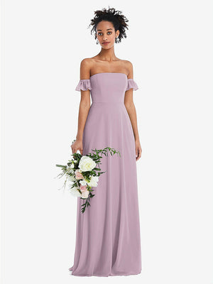 【NEW】【STYLE: TH046】オフショルダー フリル カフ 袖 シフォン マキシ ドレス【COLOR: Suede Rose】【SIZE: 00-30W】