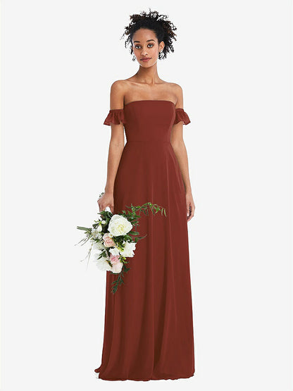 【STYLE: TH046】Off-the-Shoulder Ruffle Cuff Sleeve Chiffon Maxi Dress【COLOR: Auburn Moon】
