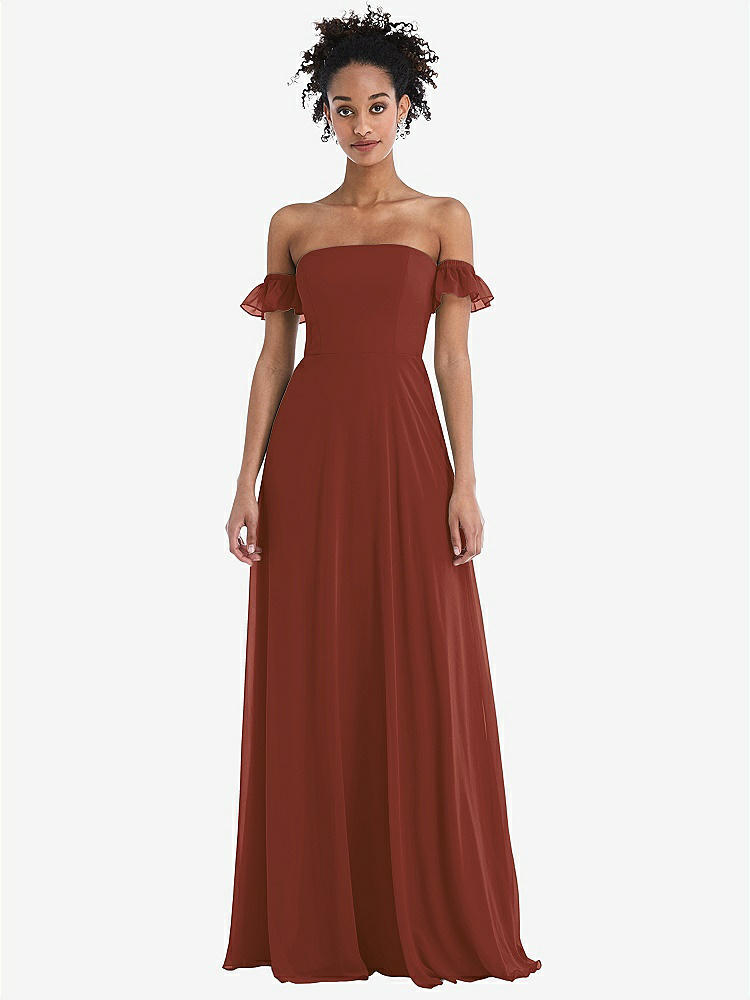 【STYLE: TH046】Off-the-Shoulder Ruffle Cuff Sleeve Chiffon Maxi Dress【COLOR: Auburn Moon】