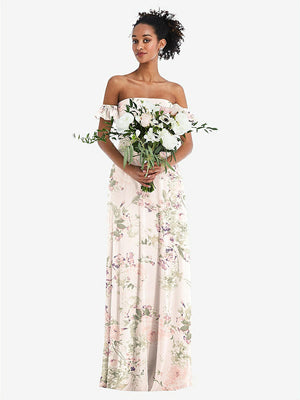 【NEW】【STYLE: TH046】オフショルダー フリル カフ 袖 シフォン マキシ ドレス【COLOR: Blush Garden】【SIZE: 00-30W】