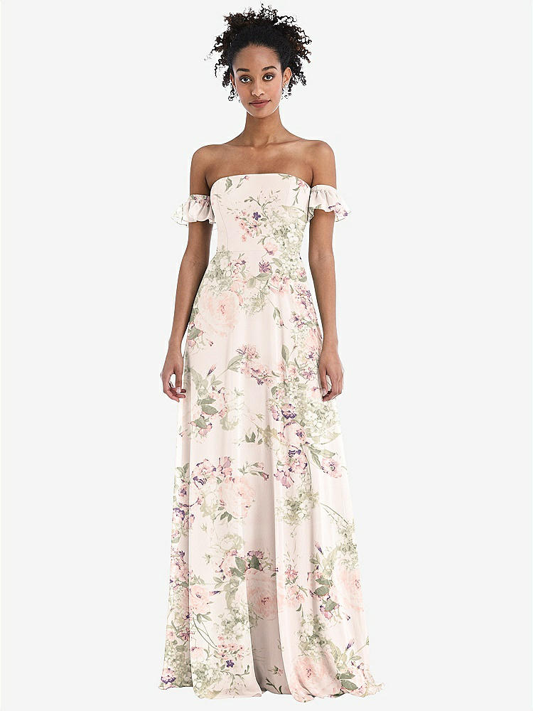 【NEW】【STYLE: TH046】オフショルダー フリル カフ 袖 シフォン マキシ ドレス【COLOR: Blush Garden】【SIZE: 00-30W】