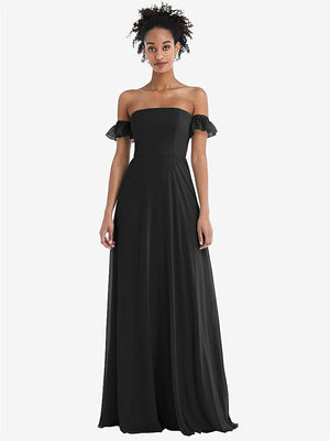 【NEW】【STYLE: TH046】オフショルダー フリル カフ 袖 シフォン マキシ ドレス【COLOR: Black】【SIZE: 00-30W】