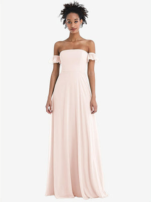 【NEW】【STYLE: TH046】オフショルダー フリル カフ 袖 シフォン マキシ ドレス【COLOR: Blush】【SIZE: 00-30W】