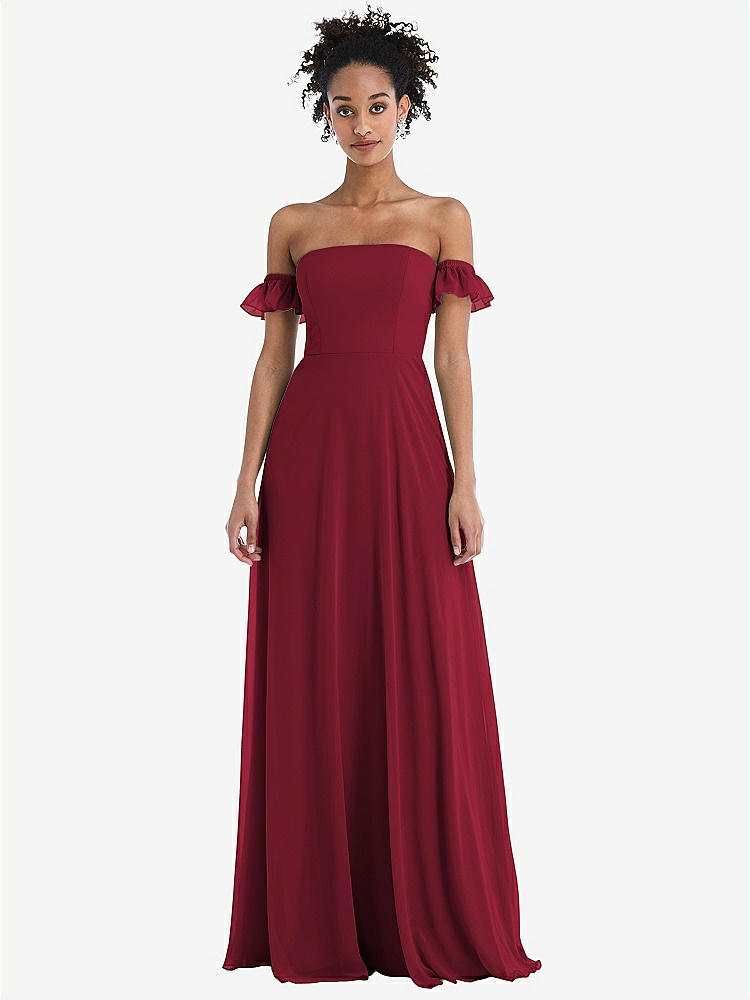 【STYLE: TH046】Off-the-Shoulder Ruffle Cuff Sleeve Chiffon Maxi Dress【COLOR: Burgundy】