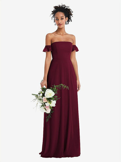 【STYLE: TH046】Off-the-Shoulder Ruffle Cuff Sleeve Chiffon Maxi Dress【COLOR: Cabernet】