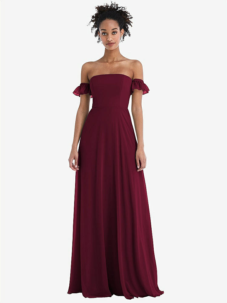 【STYLE: TH046】Off-the-Shoulder Ruffle Cuff Sleeve Chiffon Maxi Dress【COLOR: Cabernet】