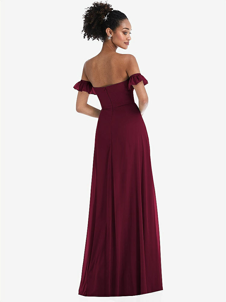 【STYLE: TH046】Off-the-Shoulder Ruffle Cuff Sleeve Chiffon Maxi Dress【COLOR: Cabernet】