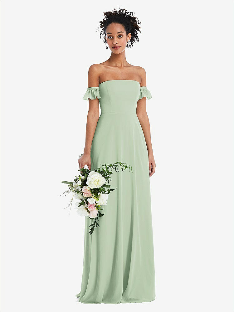 【STYLE: TH046】Off-the-Shoulder Ruffle Cuff Sleeve Chiffon Maxi Dress【COLOR: Celadon】
