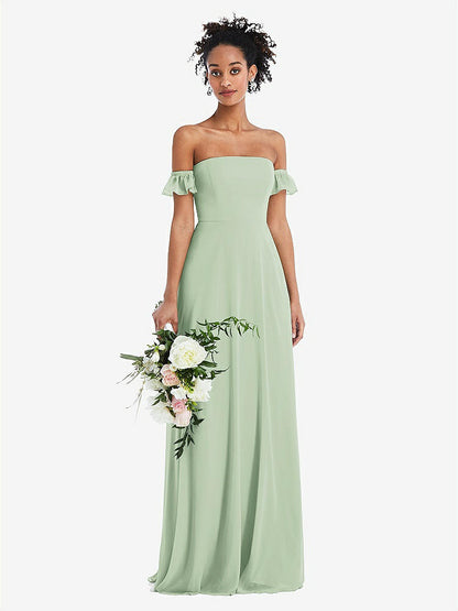 【STYLE: TH046】Off-the-Shoulder Ruffle Cuff Sleeve Chiffon Maxi Dress【COLOR: Celadon】