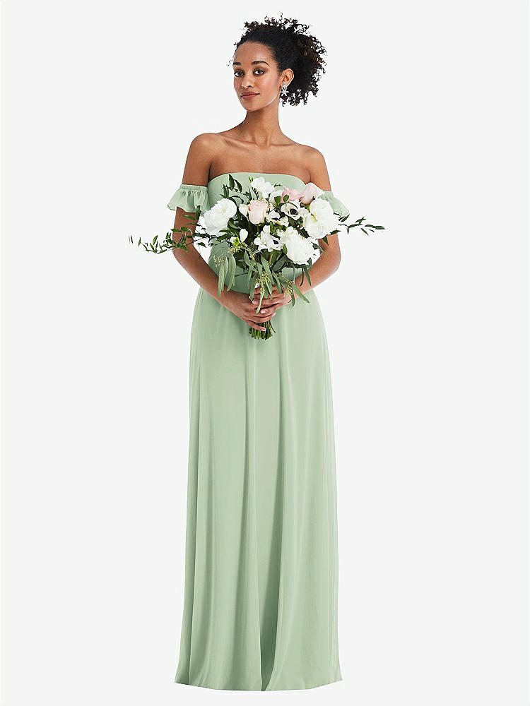 【STYLE: TH046】Off-the-Shoulder Ruffle Cuff Sleeve Chiffon Maxi Dress【COLOR: Celadon】