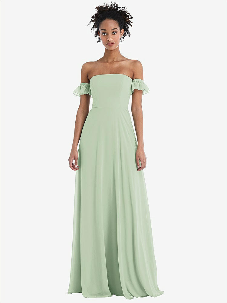 【STYLE: TH046】Off-the-Shoulder Ruffle Cuff Sleeve Chiffon Maxi Dress【COLOR: Celadon】