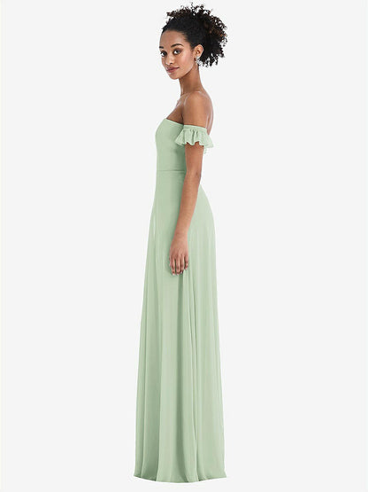 【STYLE: TH046】Off-the-Shoulder Ruffle Cuff Sleeve Chiffon Maxi Dress【COLOR: Celadon】