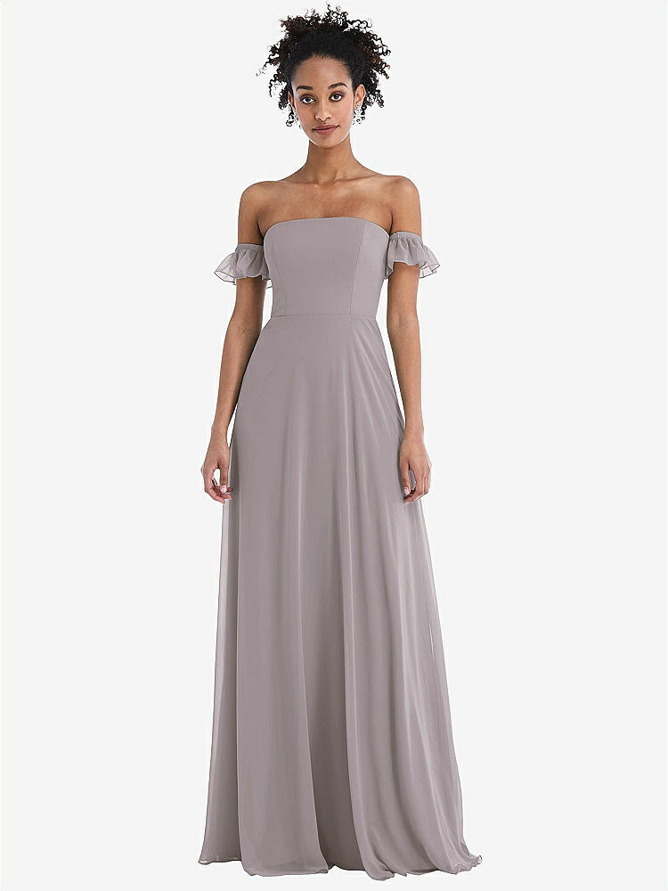 【STYLE: TH046】Off-the-Shoulder Ruffle Cuff Sleeve Chiffon Maxi Dress【COLOR: Cashmere Gray】