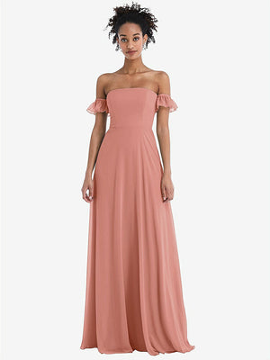 【NEW】【STYLE: TH046】オフショルダー フリル カフ 袖 シフォン マキシ ドレス【COLOR: Desert Rose】【SIZE: 00-30W】