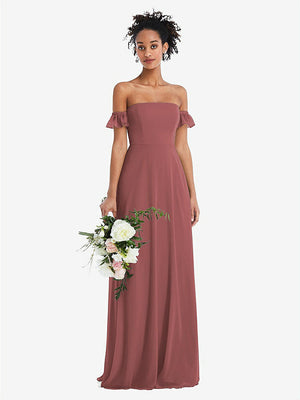 【NEW】【STYLE: TH046】オフショルダー フリル カフ 袖 シフォン マキシ ドレス【COLOR: English Rose】【SIZE: 00-30W】