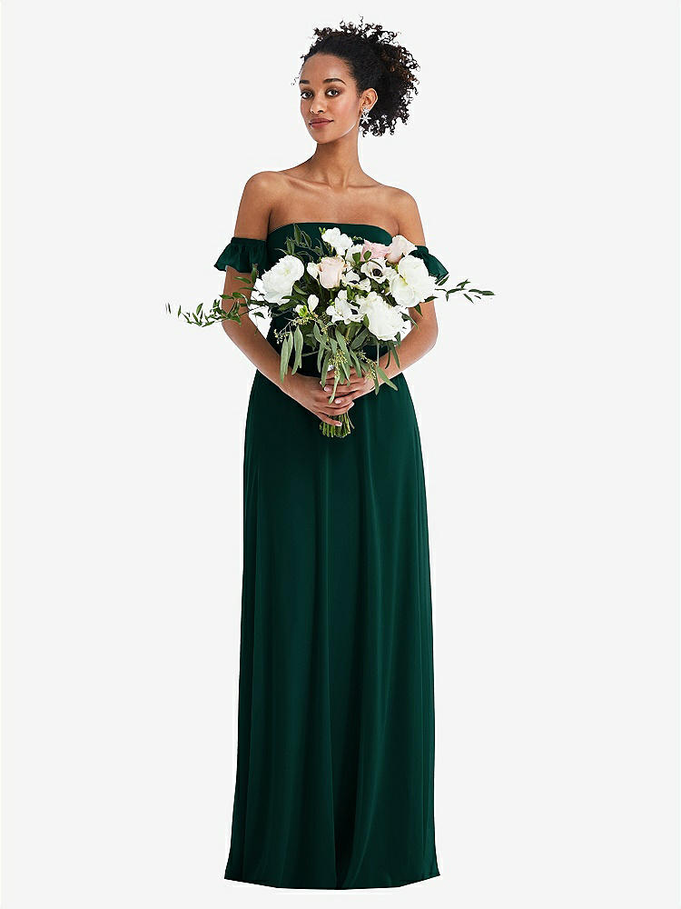 【STYLE: TH046】Off-the-Shoulder Ruffle Cuff Sleeve Chiffon Maxi Dress【COLOR: Evergreen】
