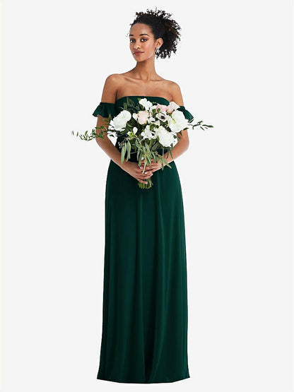 【STYLE: TH046】Off-the-Shoulder Ruffle Cuff Sleeve Chiffon Maxi Dress【COLOR: Evergreen】