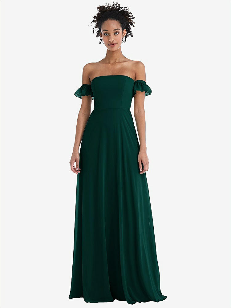 【STYLE: TH046】Off-the-Shoulder Ruffle Cuff Sleeve Chiffon Maxi Dress【COLOR: Evergreen】