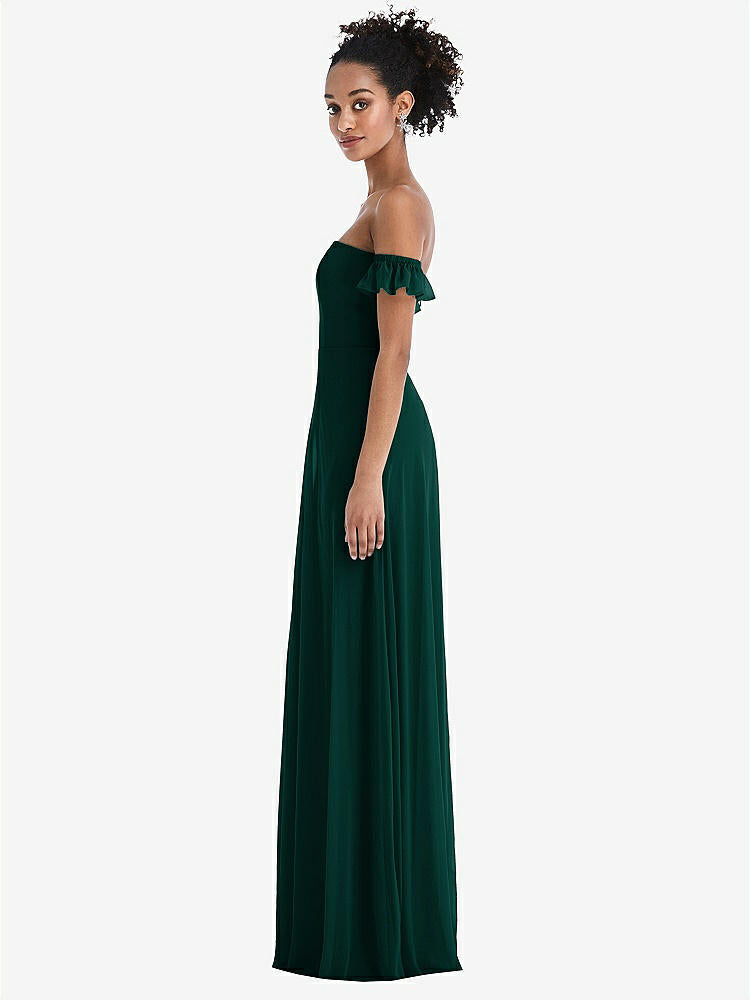 【STYLE: TH046】Off-the-Shoulder Ruffle Cuff Sleeve Chiffon Maxi Dress【COLOR: Evergreen】