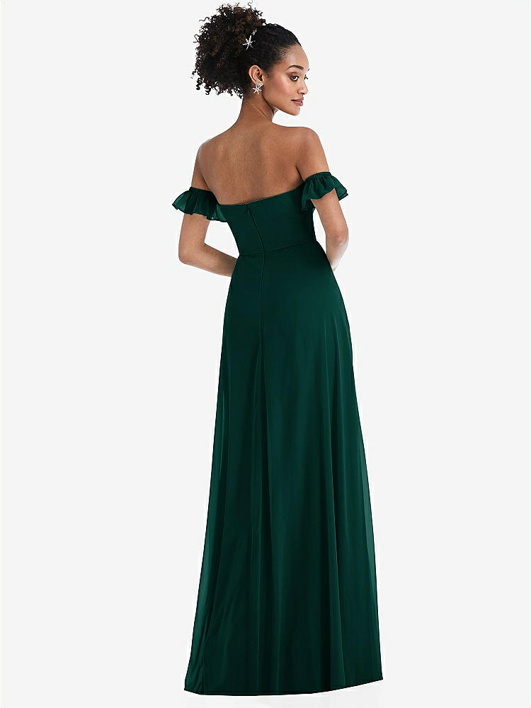 【STYLE: TH046】Off-the-Shoulder Ruffle Cuff Sleeve Chiffon Maxi Dress【COLOR: Evergreen】