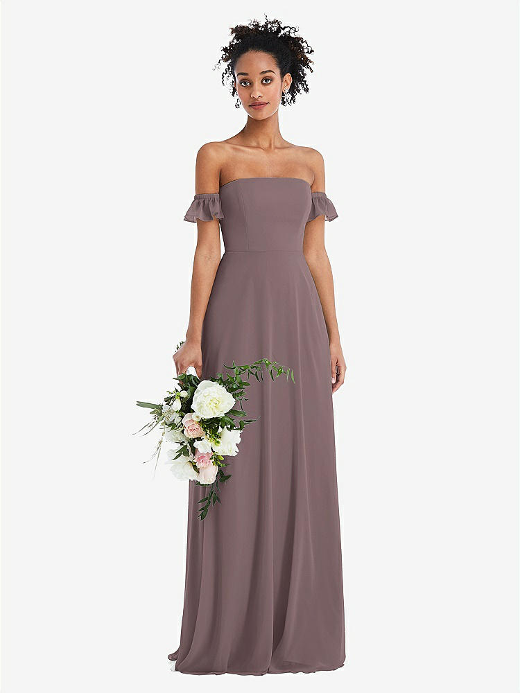 【STYLE: TH046】Off-the-Shoulder Ruffle Cuff Sleeve Chiffon Maxi Dress【COLOR: French Truffle】