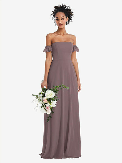【STYLE: TH046】Off-the-Shoulder Ruffle Cuff Sleeve Chiffon Maxi Dress【COLOR: French Truffle】