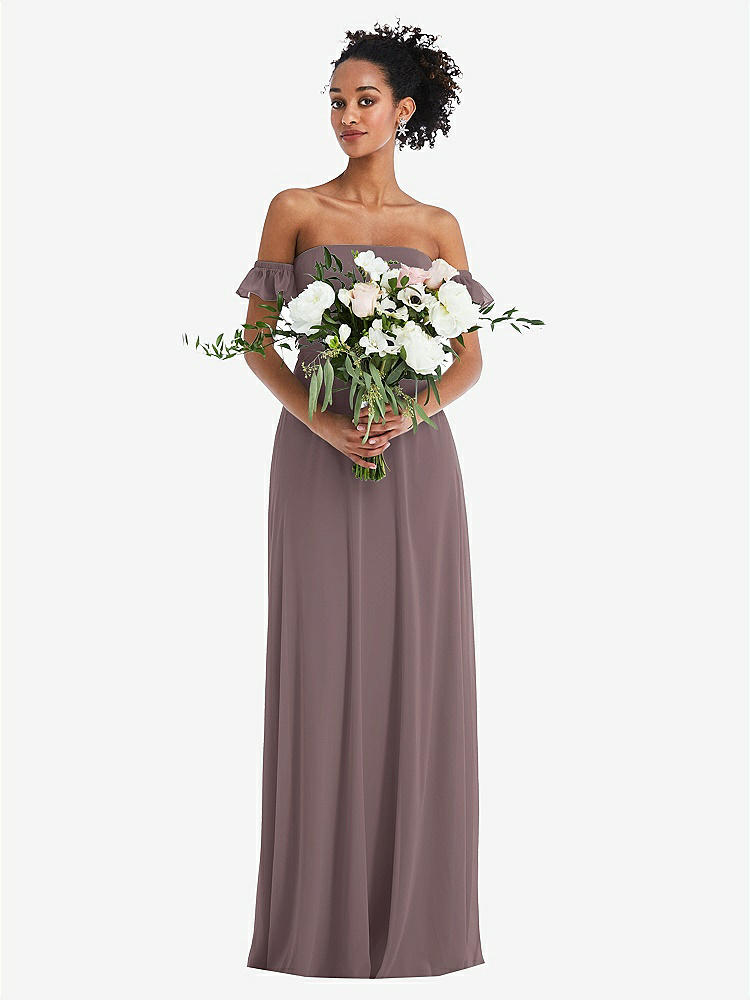 【STYLE: TH046】Off-the-Shoulder Ruffle Cuff Sleeve Chiffon Maxi Dress【COLOR: French Truffle】