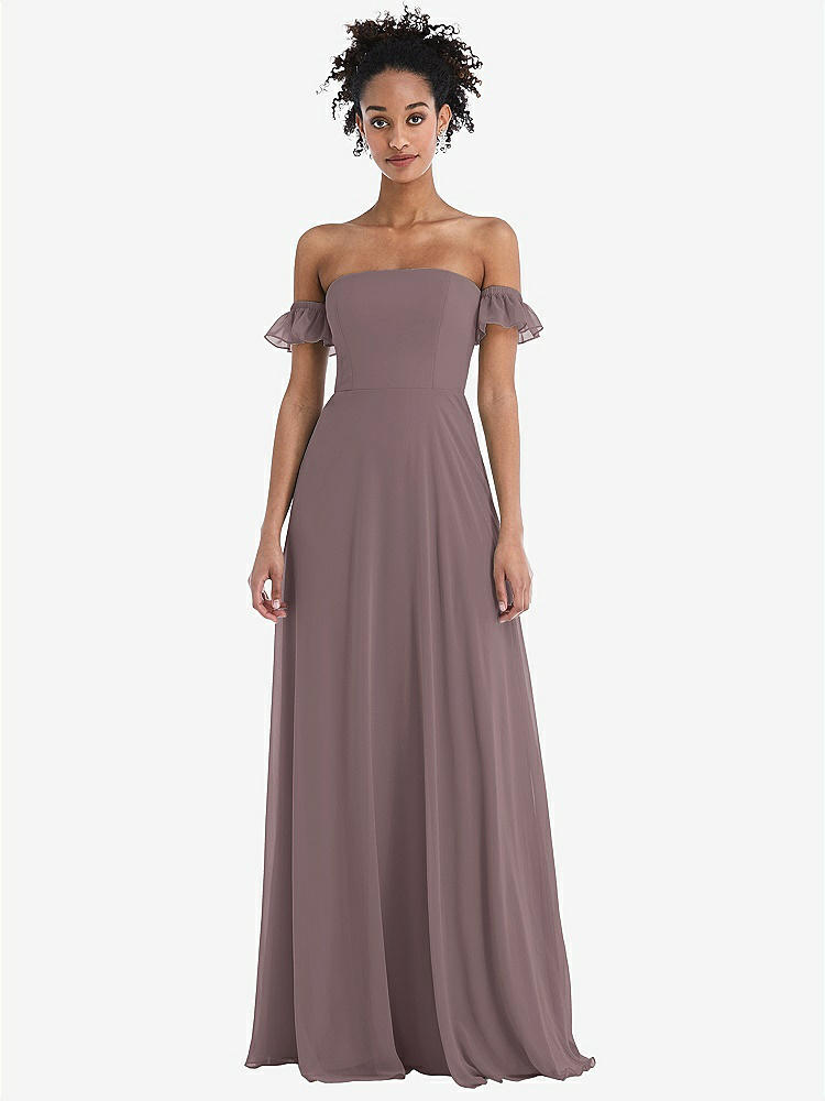 【STYLE: TH046】Off-the-Shoulder Ruffle Cuff Sleeve Chiffon Maxi Dress【COLOR: French Truffle】