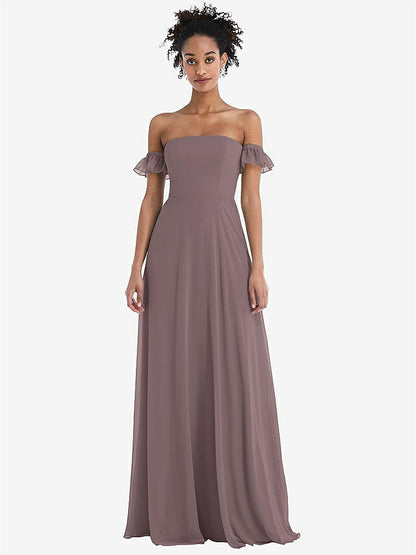 【STYLE: TH046】Off-the-Shoulder Ruffle Cuff Sleeve Chiffon Maxi Dress【COLOR: French Truffle】