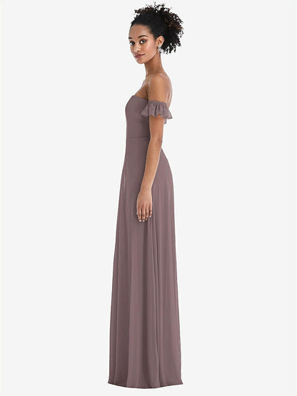 【STYLE: TH046】Off-the-Shoulder Ruffle Cuff Sleeve Chiffon Maxi Dress【COLOR: French Truffle】