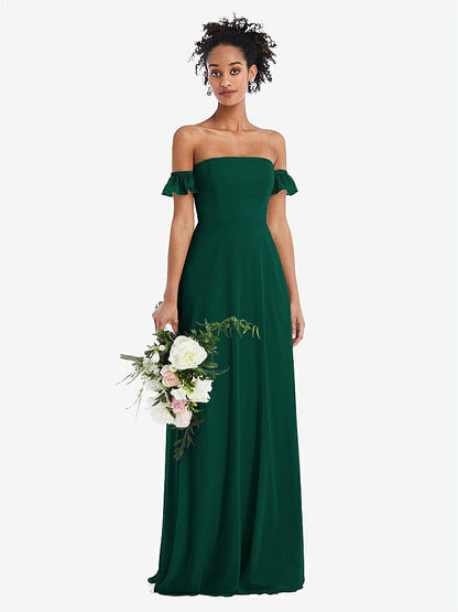【STYLE: TH046】Off-the-Shoulder Ruffle Cuff Sleeve Chiffon Maxi Dress【COLOR: Evergreen】