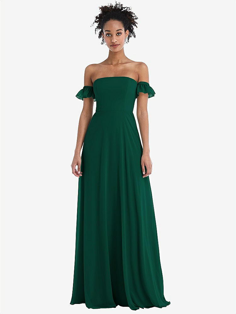 【STYLE: TH046】Off-the-Shoulder Ruffle Cuff Sleeve Chiffon Maxi Dress【COLOR: Hunter Green】