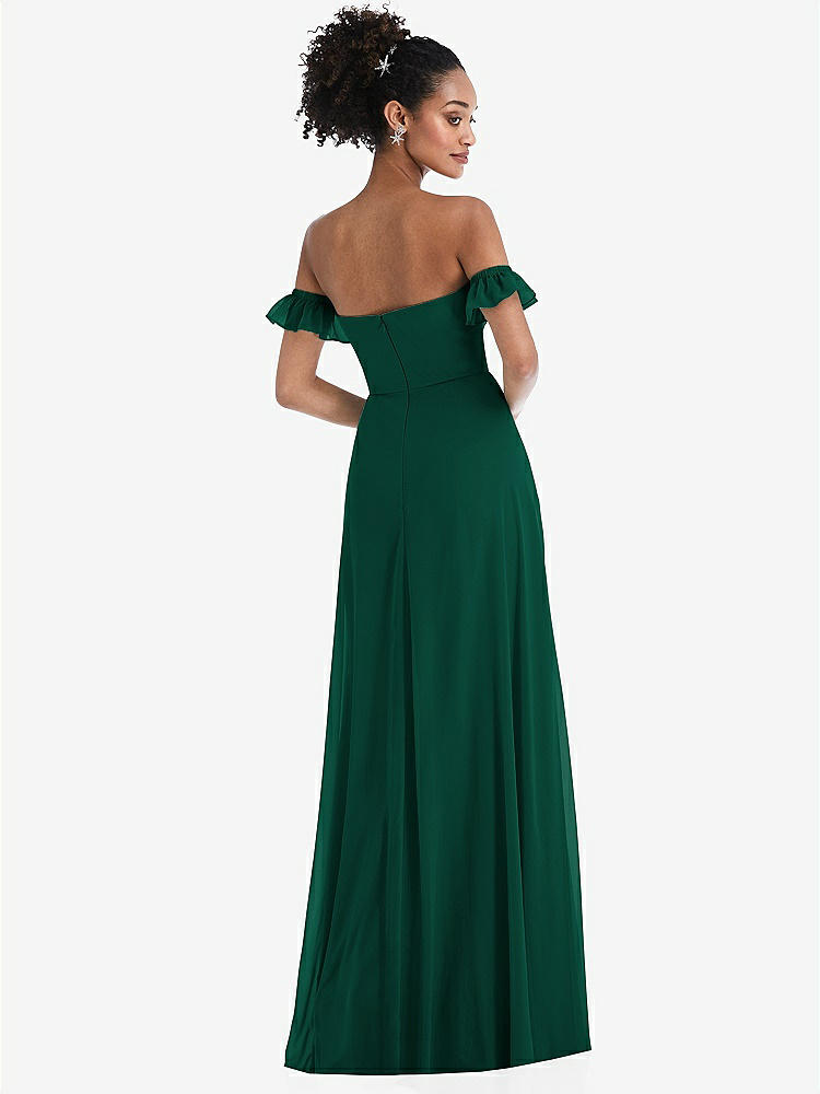 【STYLE: TH046】Off-the-Shoulder Ruffle Cuff Sleeve Chiffon Maxi Dress【COLOR: Hunter Green】