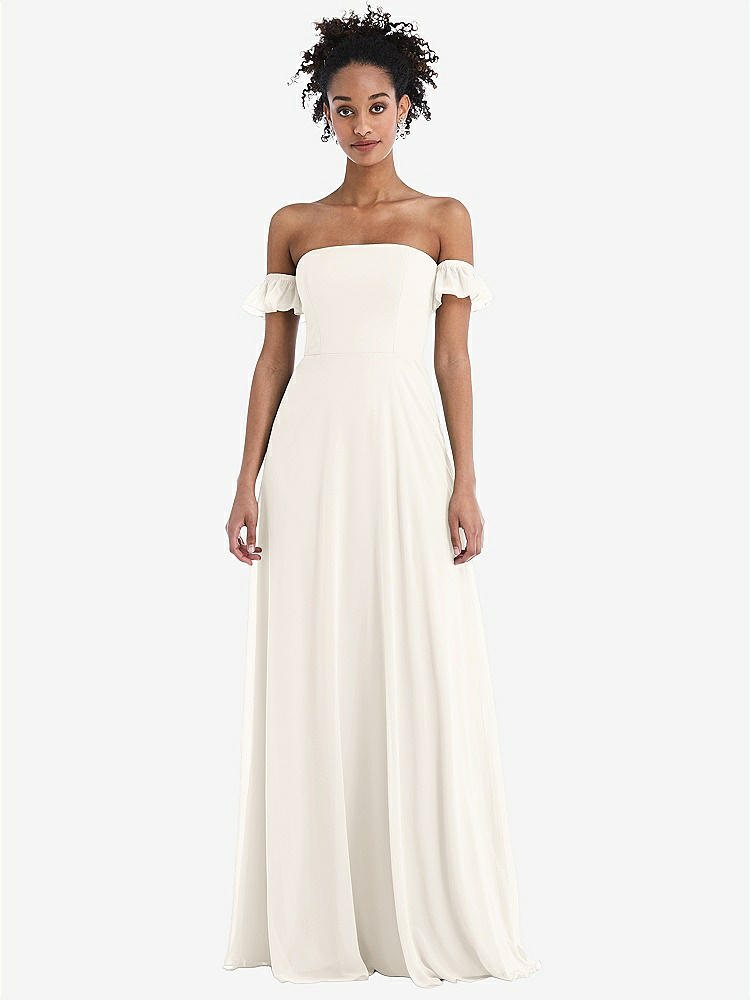 【STYLE: TH046】Off-the-Shoulder Ruffle Cuff Sleeve Chiffon Maxi Dress【COLOR: Ivory】
