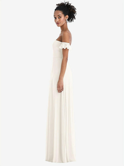 【STYLE: TH046】Off-the-Shoulder Ruffle Cuff Sleeve Chiffon Maxi Dress【COLOR: Ivory】
