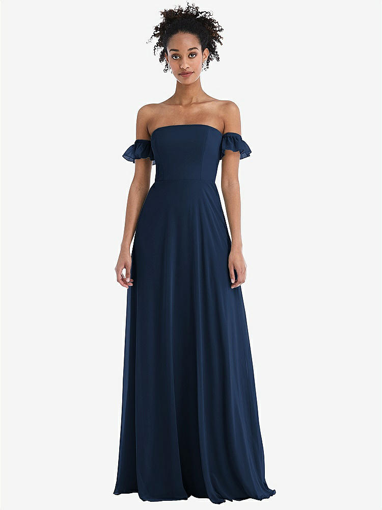【NEW】【STYLE: TH046】オフショルダー フリル カフ 袖 シフォン マキシ ドレス【COLOR: Midnight Navy】【SIZE: 00-30W】