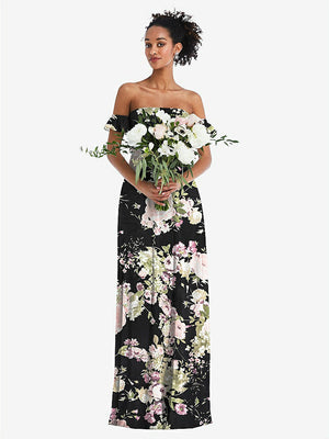 【NEW】【STYLE: TH046】オフショルダー フリル カフ 袖 シフォン マキシ ドレス【COLOR: Noir Garden】【SIZE: 00-30W】