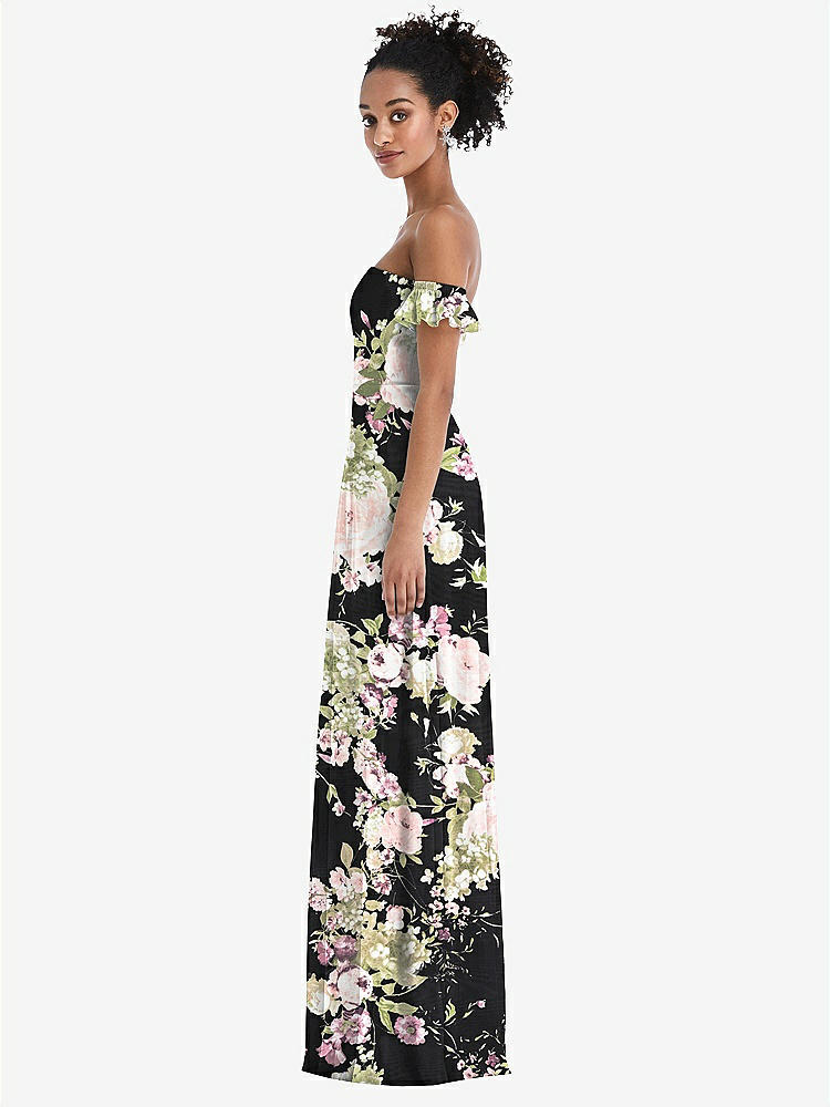 【STYLE: TH046】Off-the-Shoulder Ruffle Cuff Sleeve Chiffon Maxi Dress【COLOR: Noir Garden】