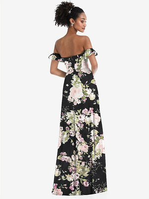 【NEW】【STYLE: TH046】オフショルダー フリル カフ 袖 シフォン マキシ ドレス【COLOR: Noir Garden】【SIZE: 00-30W】