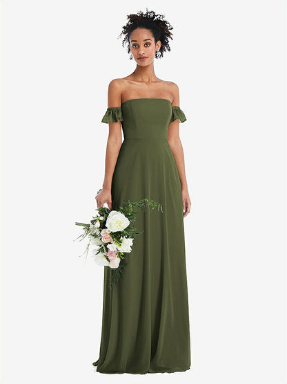 【STYLE: TH046】Off-the-Shoulder Ruffle Cuff Sleeve Chiffon Maxi Dress【COLOR: Olive Green】